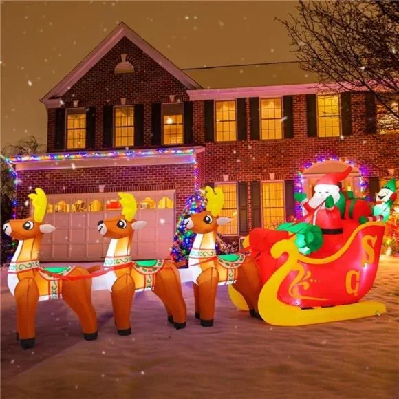 12 Ft Christmas Inflatable Reindeer cart Outdoor Decorations Blow Up Yard Three